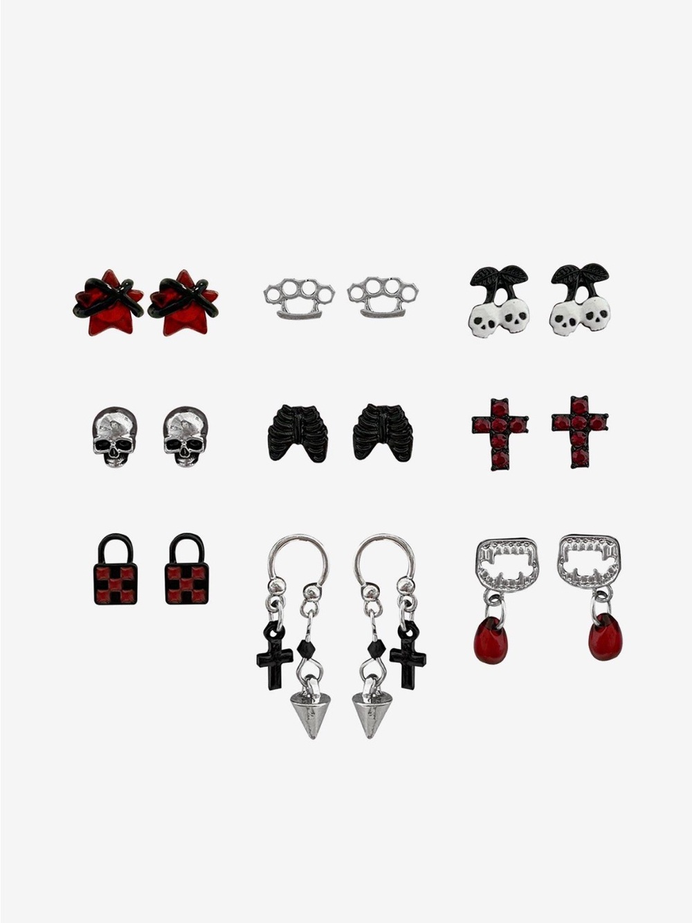 Goth Punk Stud & Dangle Earring Set - Red, Black, Silver